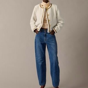 J. Crew Sherpa Jacket Size 4 Gold Crest Button Front Crop Faux Leather Trim